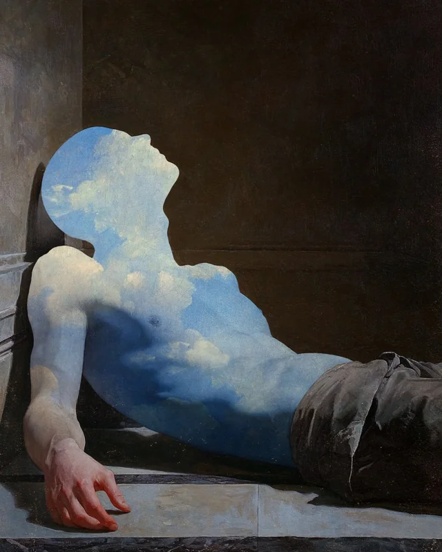 Icbiray artist portrait: a reclining figure filled with blue sky and clouds.